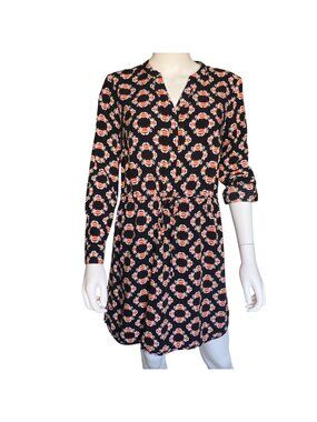 Crown & Ivy Dress Womens 8P Navy Orange Crab Print Long Sleeve Tunic Tie Waist